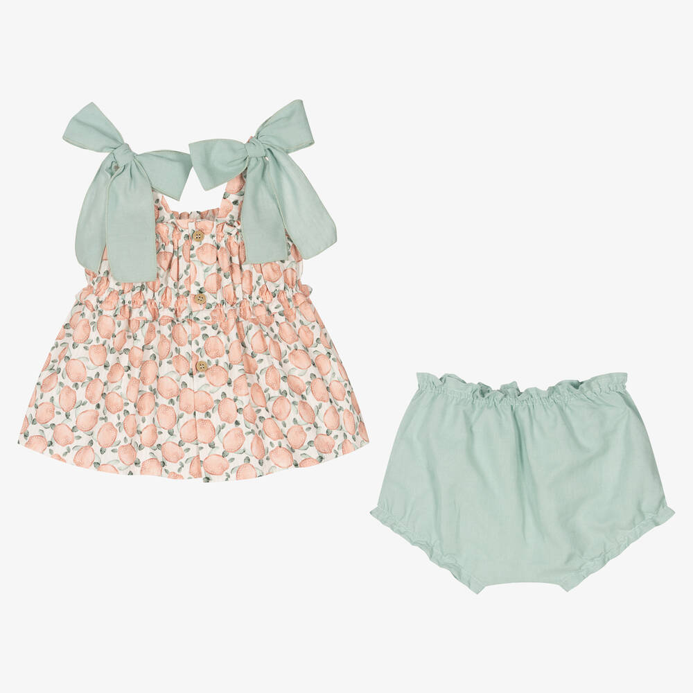 Mebi-طقم شورت أطفال بناتي قطن لون زهري وأخضر | Childrensalon Outlet