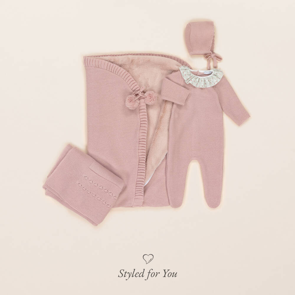 Mebi-Girls Pink Knitted Babygrow with Floral Ruffle Collar | Childrensalon Outlet
