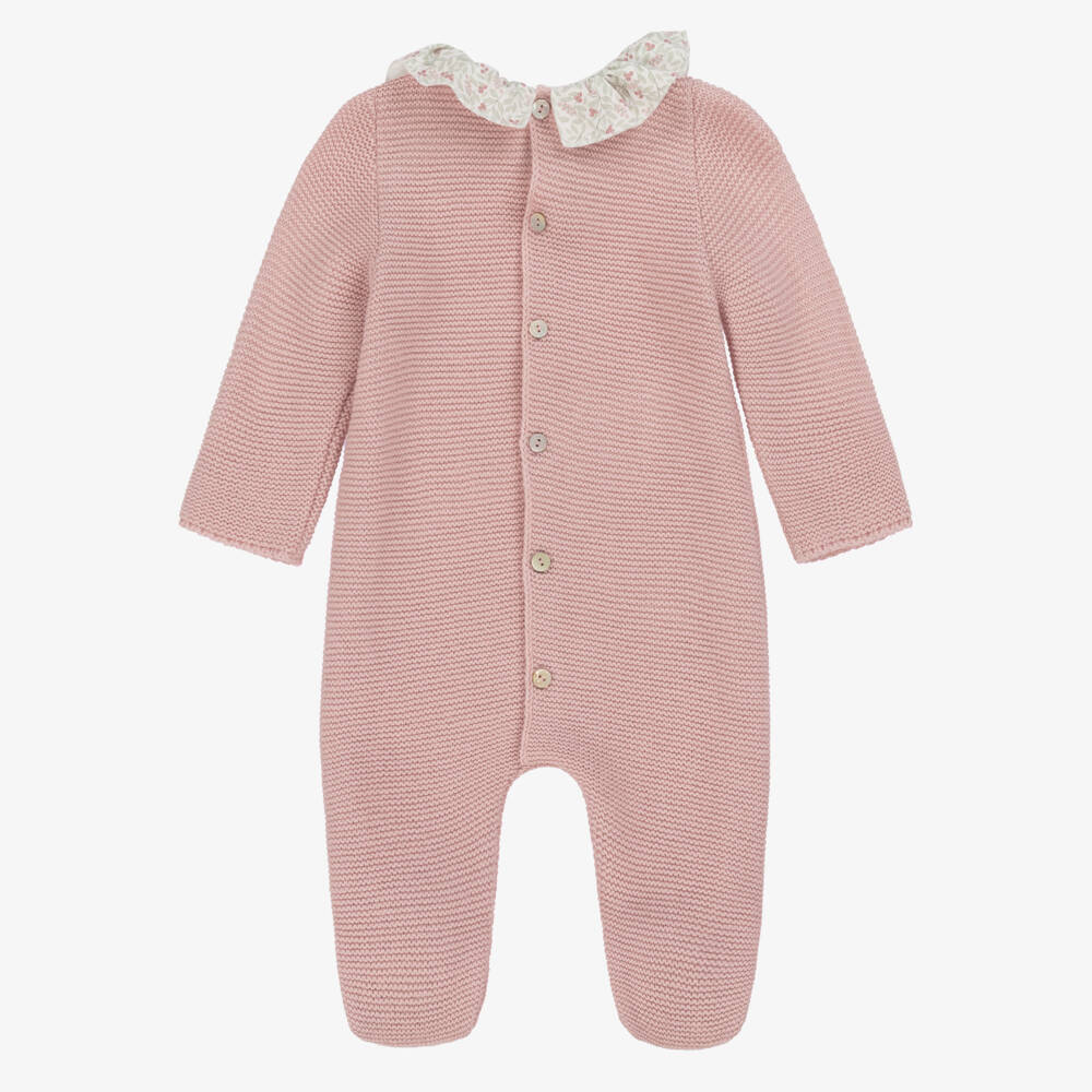 Mebi-Girls Pink Knitted Babygrow with Floral Ruffle Collar | Childrensalon Outlet