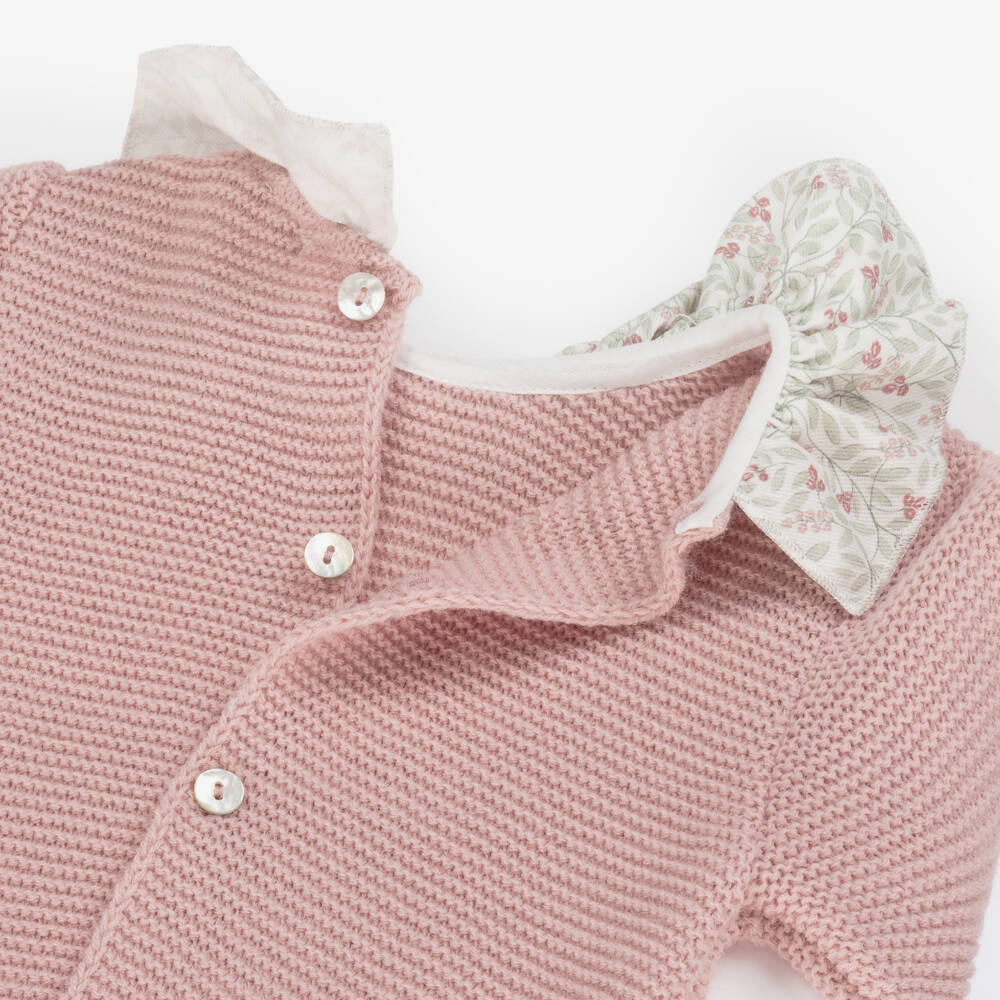 Mebi-Girls Pink Knitted Babygrow with Floral Ruffle Collar | Childrensalon Outlet
