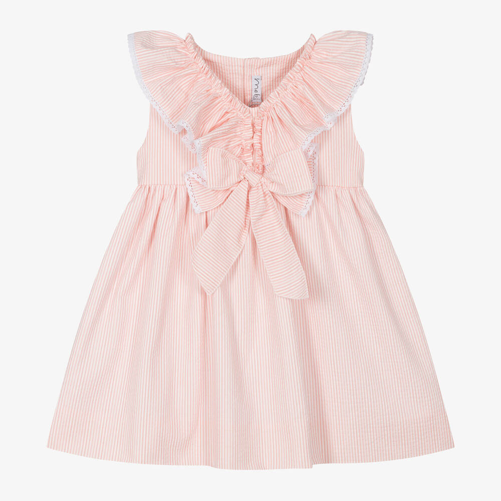 Mebi-Girls Pink Striped Cotton Ruffle Dress | Childrensalon Outlet
