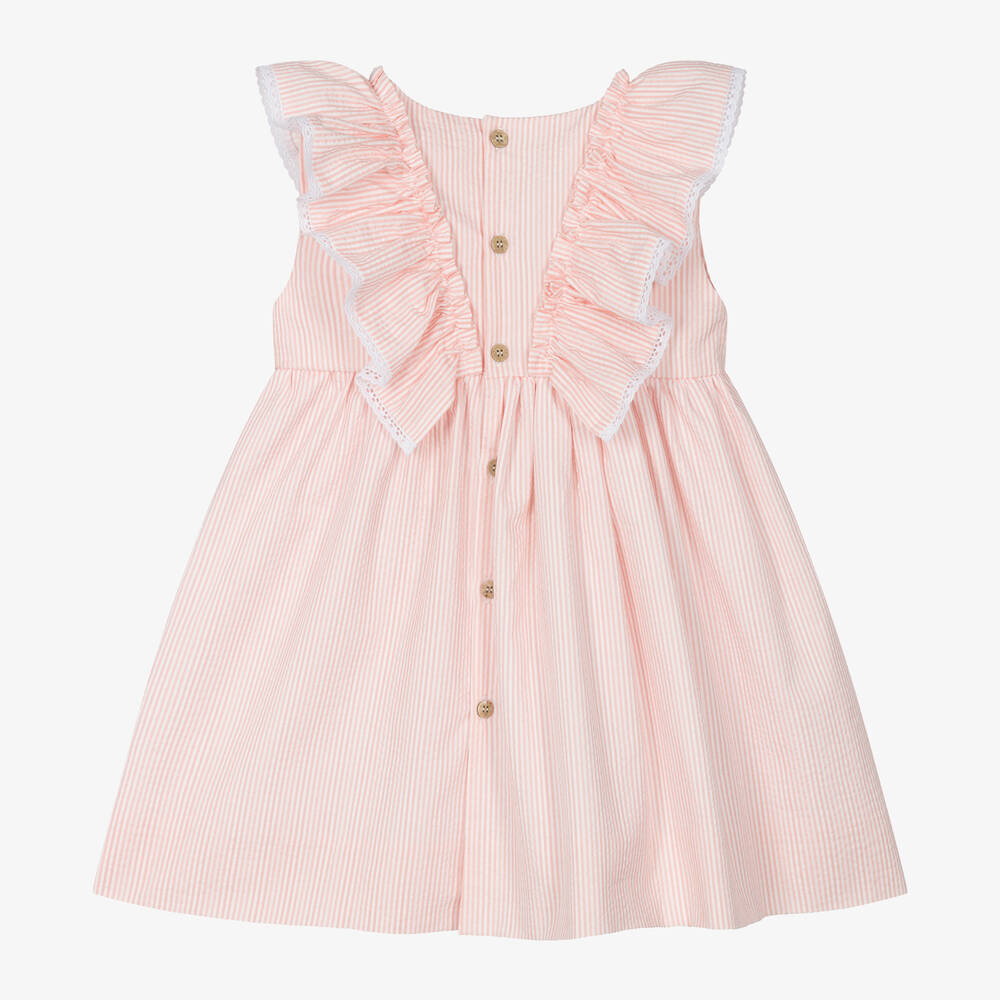 Mebi-Girls Pink Striped Cotton Ruffle Dress | Childrensalon Outlet