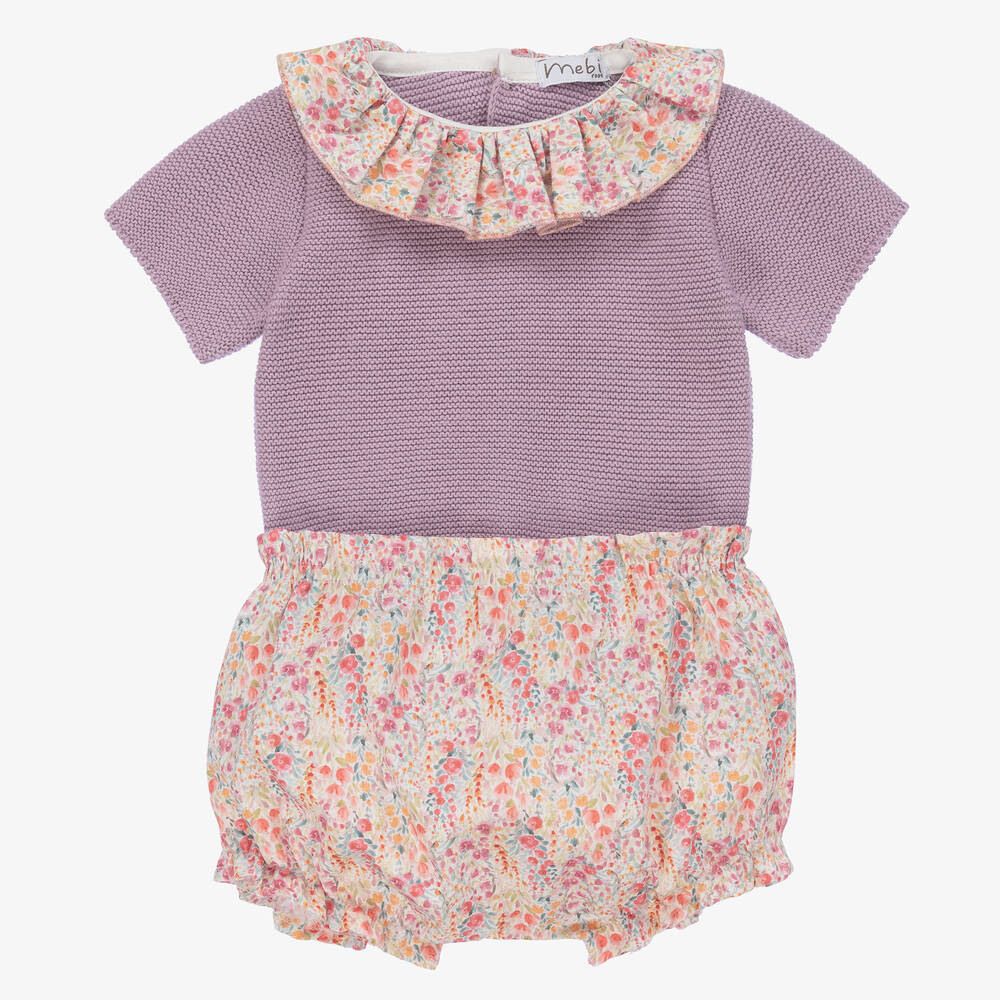 Mebi - Girls Purple Cotton Floral Shorts Set | Childrensalon