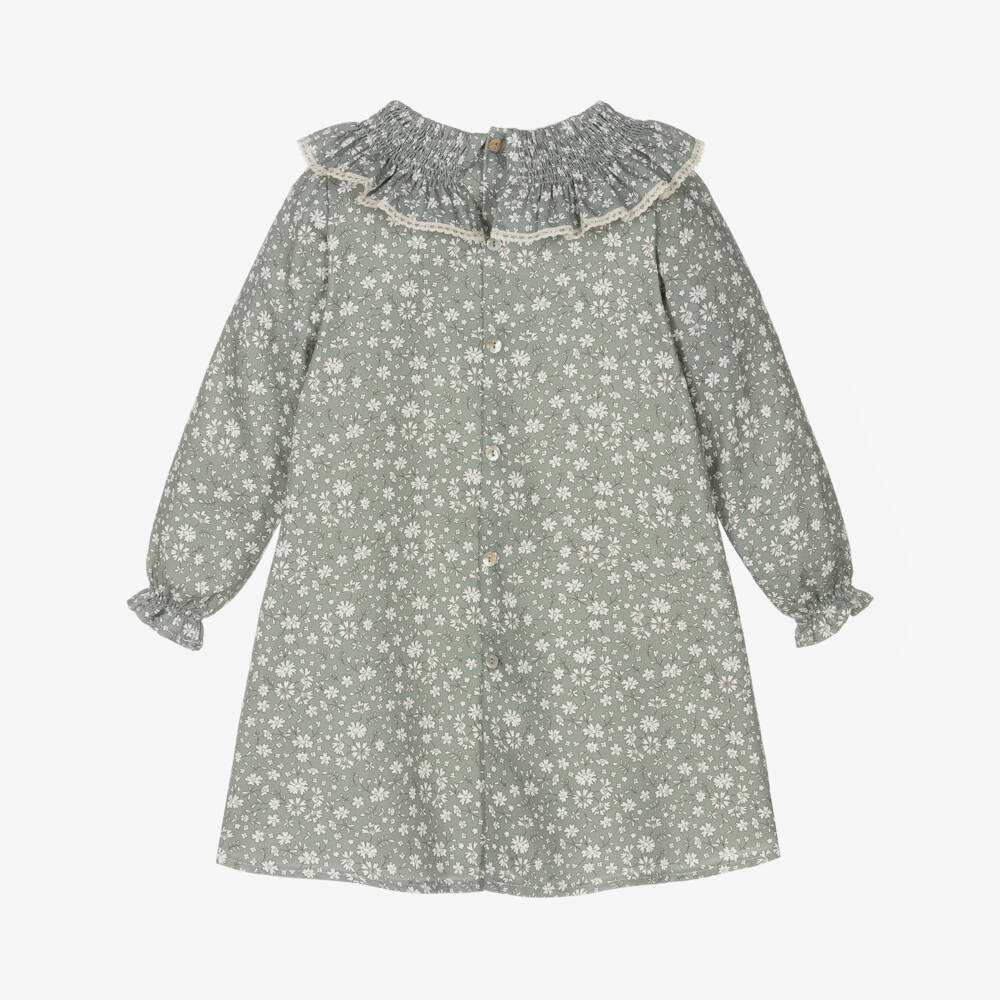 Mebi-Girls Sage Green Floral Cotton Dress | Childrensalon Outlet
