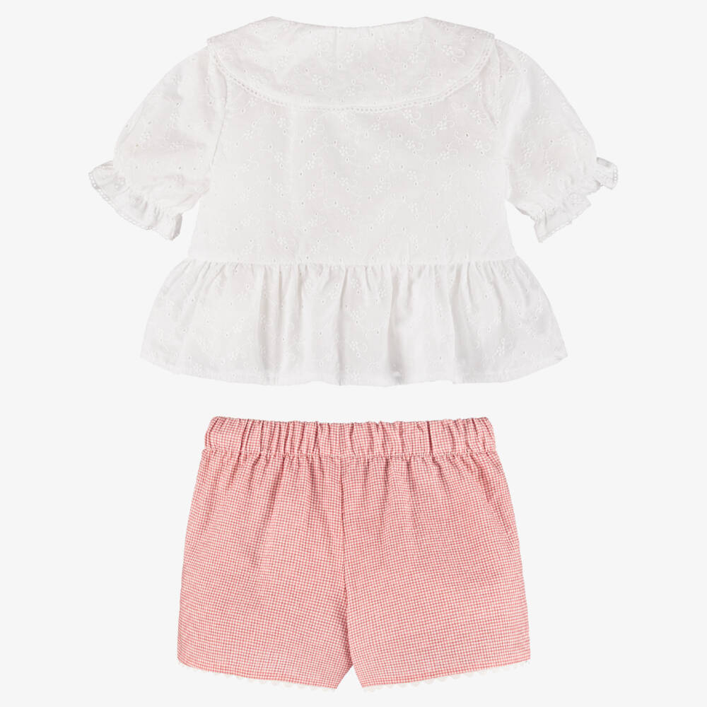 Mebi-Girls White Cotton Blouse & Pink Gingham Shorts Set | Childrensalon Outlet