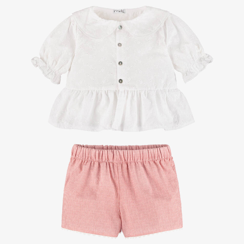 Mebi-Girls White Cotton Blouse & Pink Gingham Shorts Set | Childrensalon Outlet