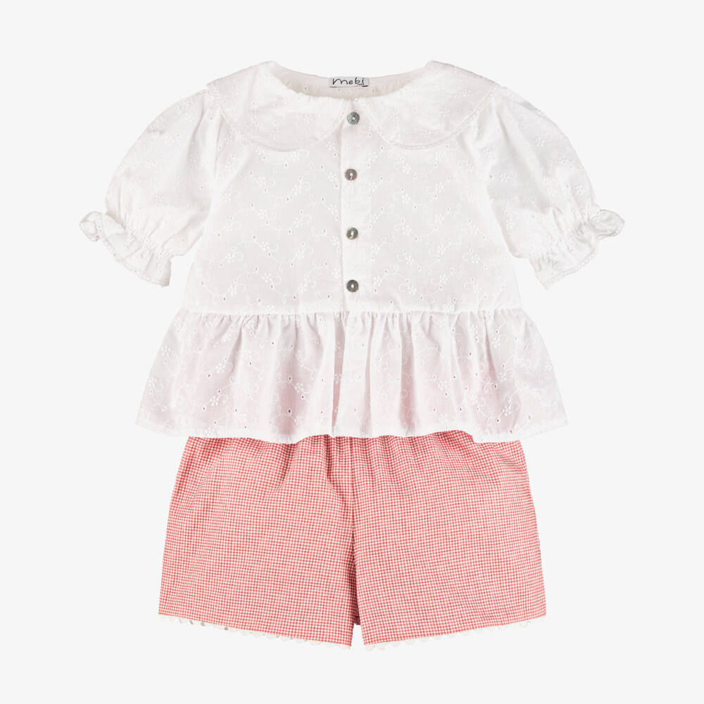 Mebi-Girls White Cotton Blouse & Pink Gingham Shorts Set | Childrensalon Outlet