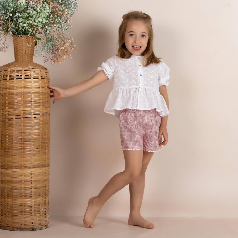Mebi-Girls White Cotton Blouse & Pink Gingham Shorts Set | Childrensalon Outlet