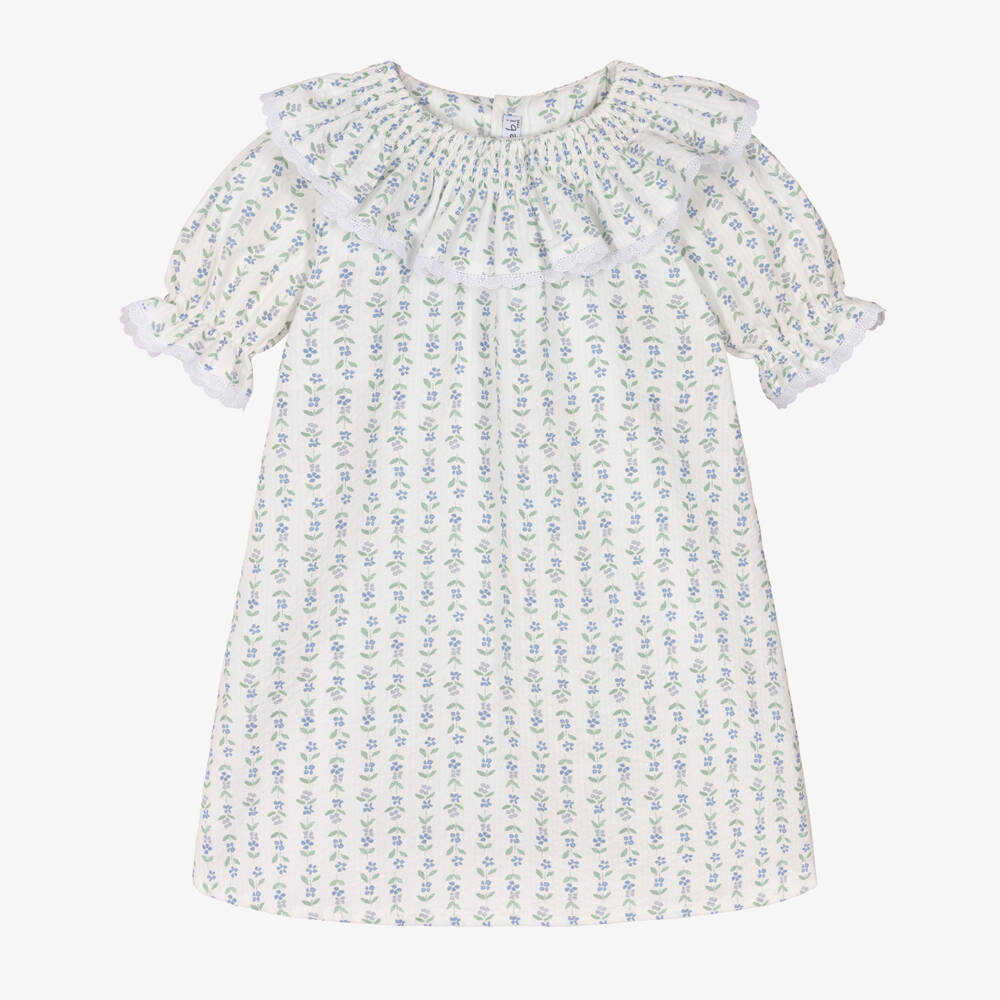 Mebi-Girls White Cotton Dress with Green & Blue Floral Print | Childrensalon Outlet