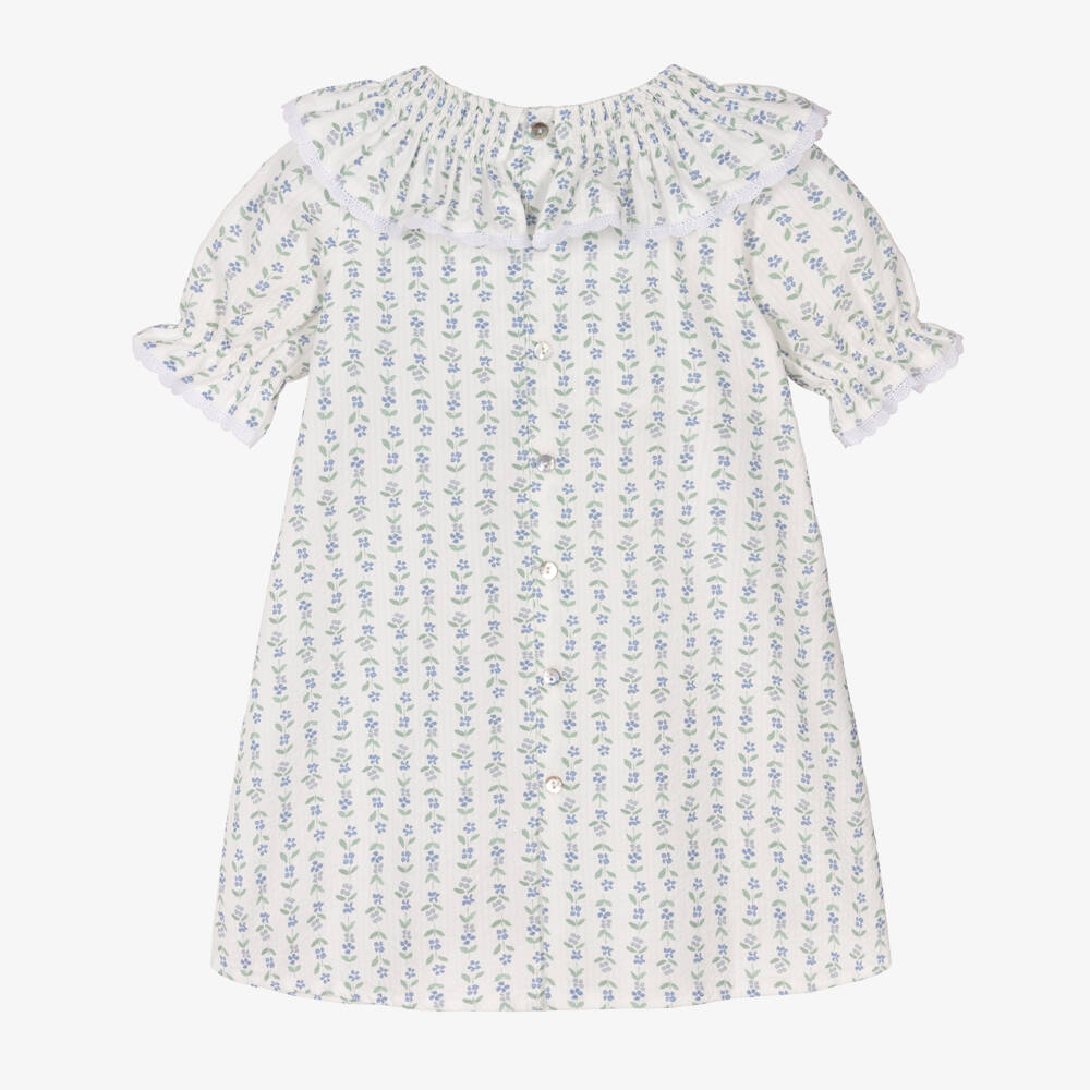 Mebi-Girls White Cotton Dress with Green & Blue Floral Print | Childrensalon Outlet