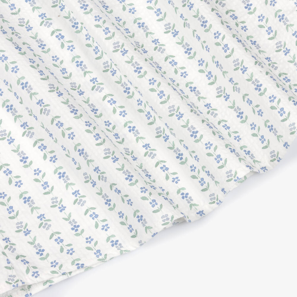 Mebi-Girls White Cotton Dress with Green & Blue Floral Print | Childrensalon Outlet
