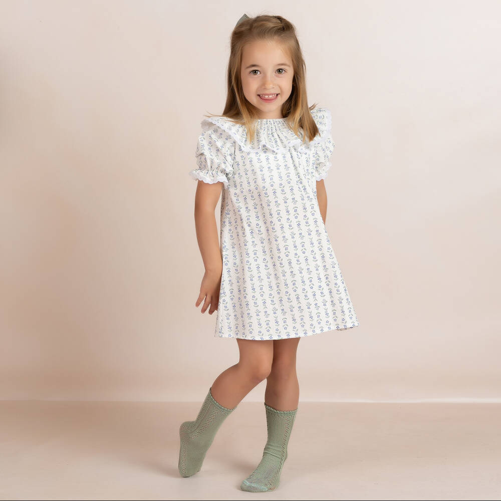 Mebi-Girls White Cotton Dress with Green & Blue Floral Print | Childrensalon Outlet