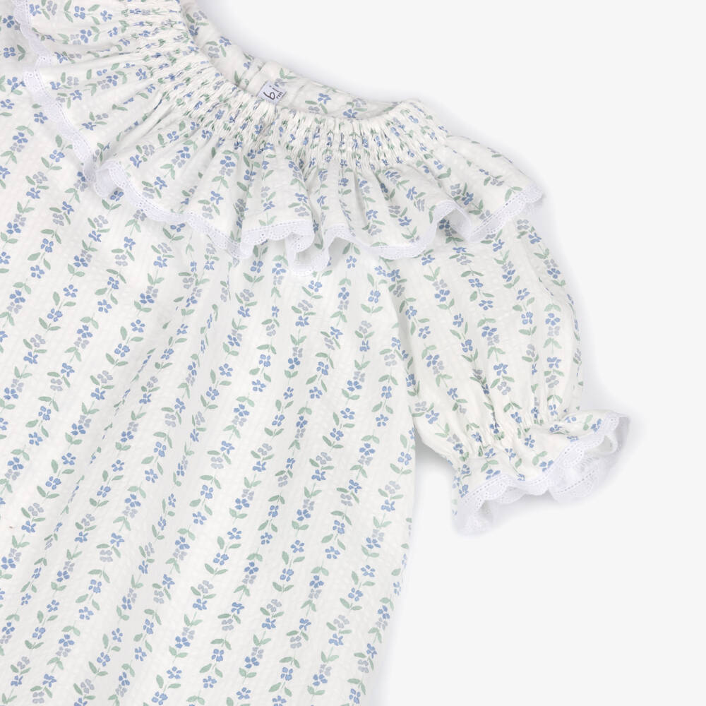 Mebi-Girls White Cotton Dress with Green & Blue Floral Print | Childrensalon Outlet