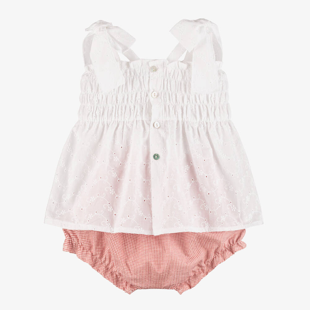 Mebi-Girls White Cotton Dress with Pink Gingham Bloomers | Childrensalon Outlet