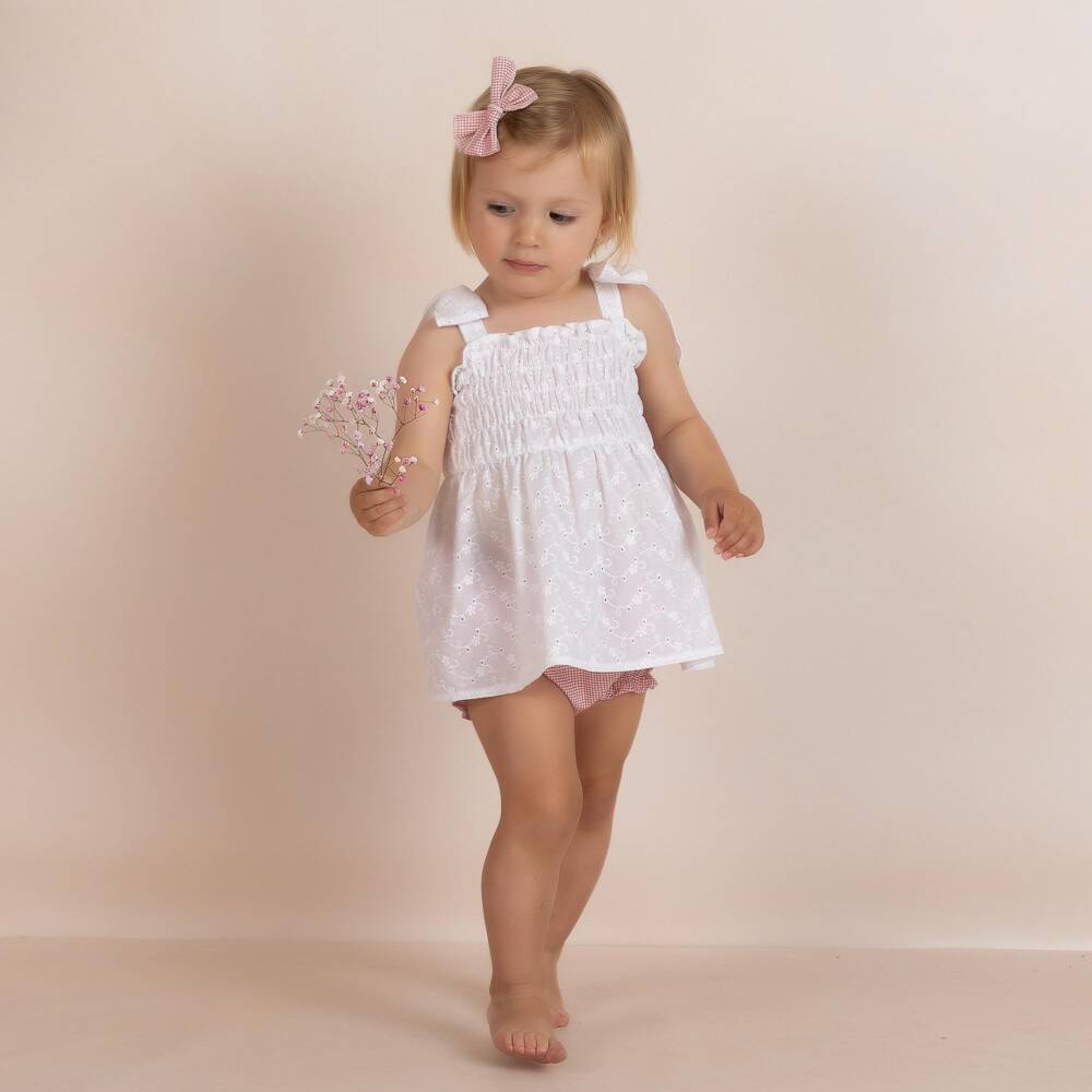 Mebi-Girls White Cotton Dress with Pink Gingham Bloomers | Childrensalon Outlet