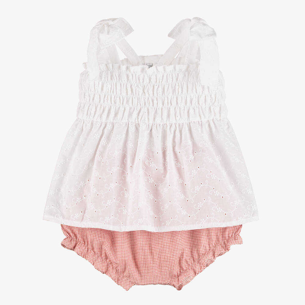 Mebi-Girls White Cotton Dress with Pink Gingham Bloomers | Childrensalon Outlet