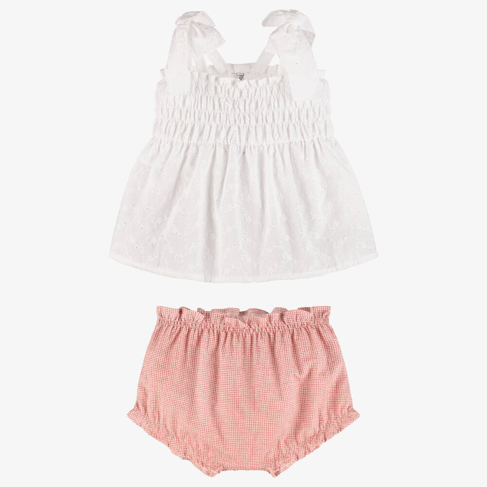 Mebi-Girls White Cotton Dress with Pink Gingham Bloomers | Childrensalon Outlet