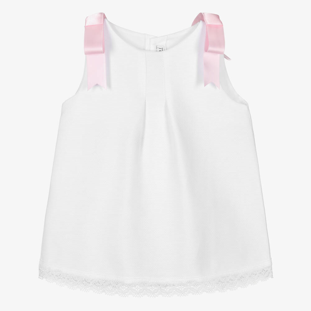 Mebi-Girls White Cotton Dress with Pink Satin Bows | Childrensalon Outlet