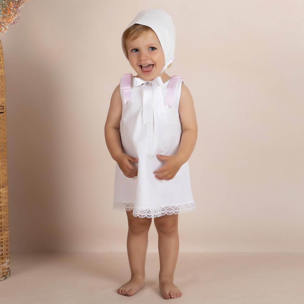 Mebi-Girls White Cotton Dress with Pink Satin Bows | Childrensalon Outlet