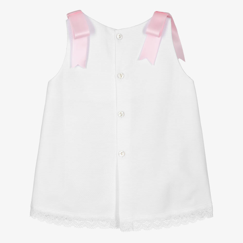 Mebi-Girls White Cotton Dress with Pink Satin Bows | Childrensalon Outlet