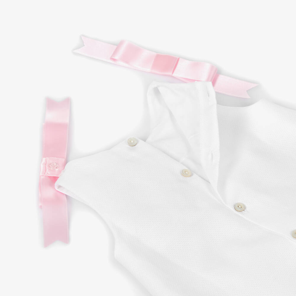 Mebi-Girls White Cotton Dress with Pink Satin Bows | Childrensalon Outlet
