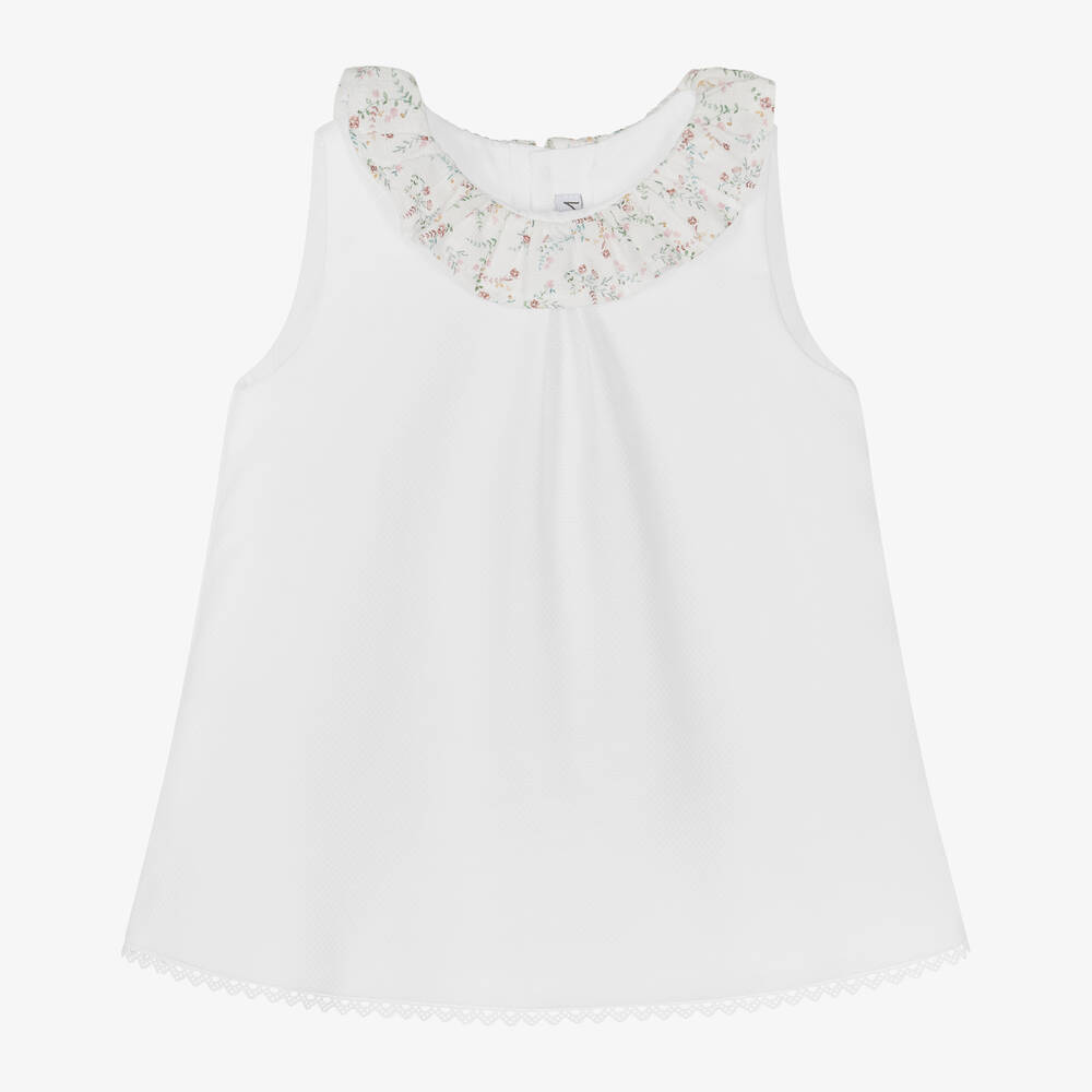 Mebi-Girls White Cotton Floral Collar Dress | Childrensalon Outlet