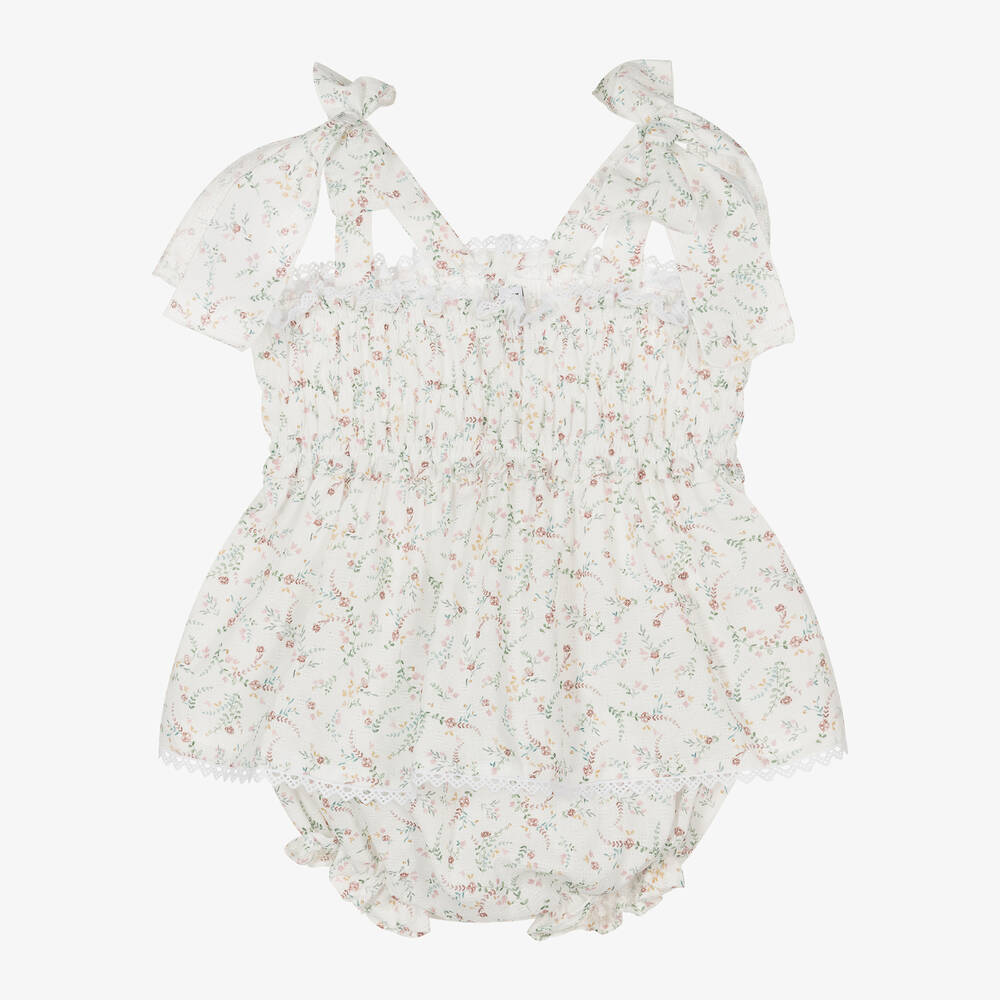 Mebi-Girls White Cotton Floral Shorts Set | Childrensalon Outlet