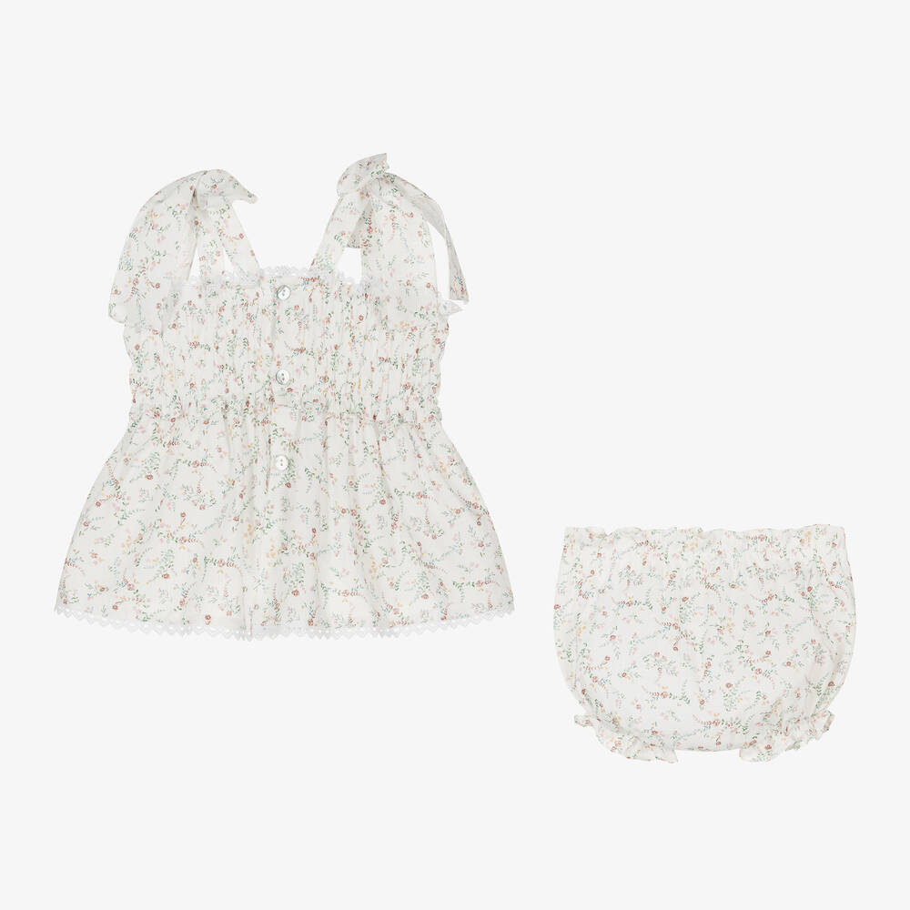 Mebi-Girls White Cotton Floral Shorts Set | Childrensalon Outlet