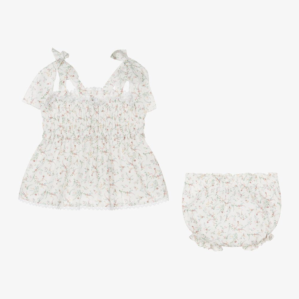 Mebi-Girls White Cotton Floral Shorts Set | Childrensalon Outlet