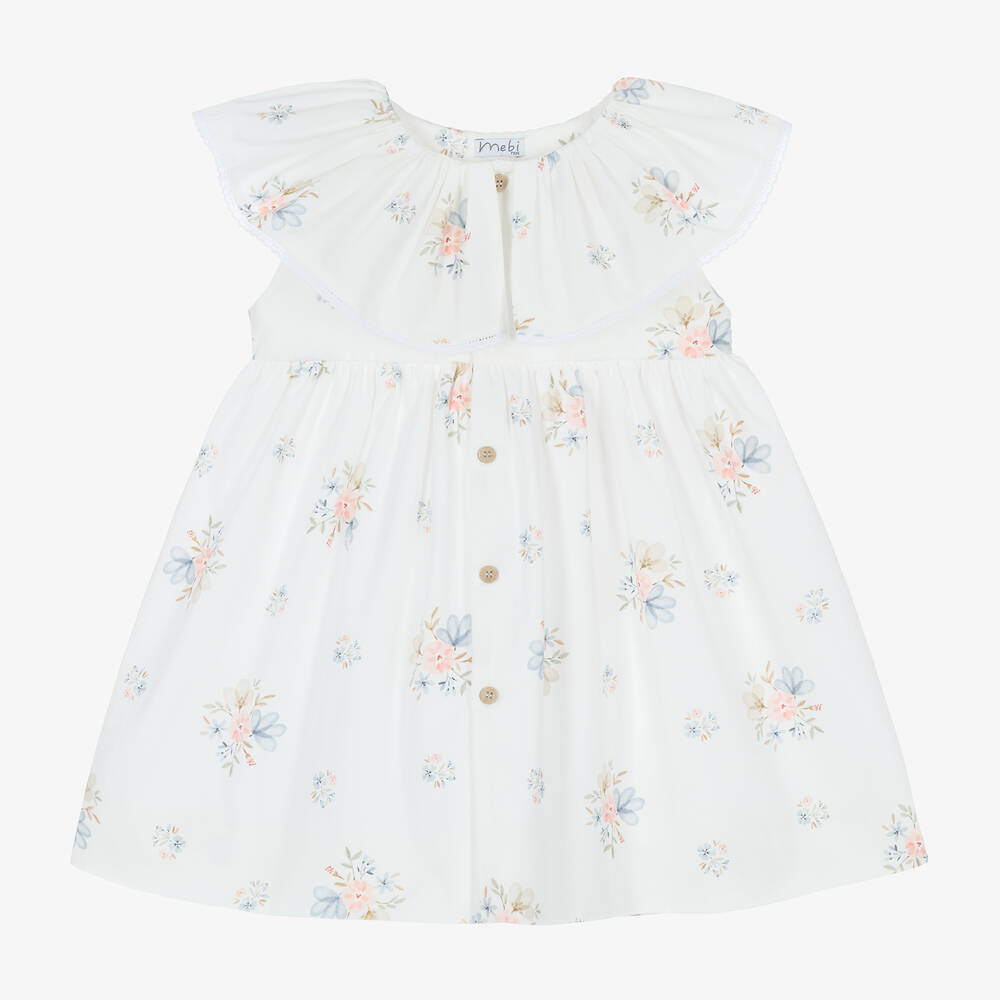 Mebi - Girls White Floral Poplin Dress | Childrensalon