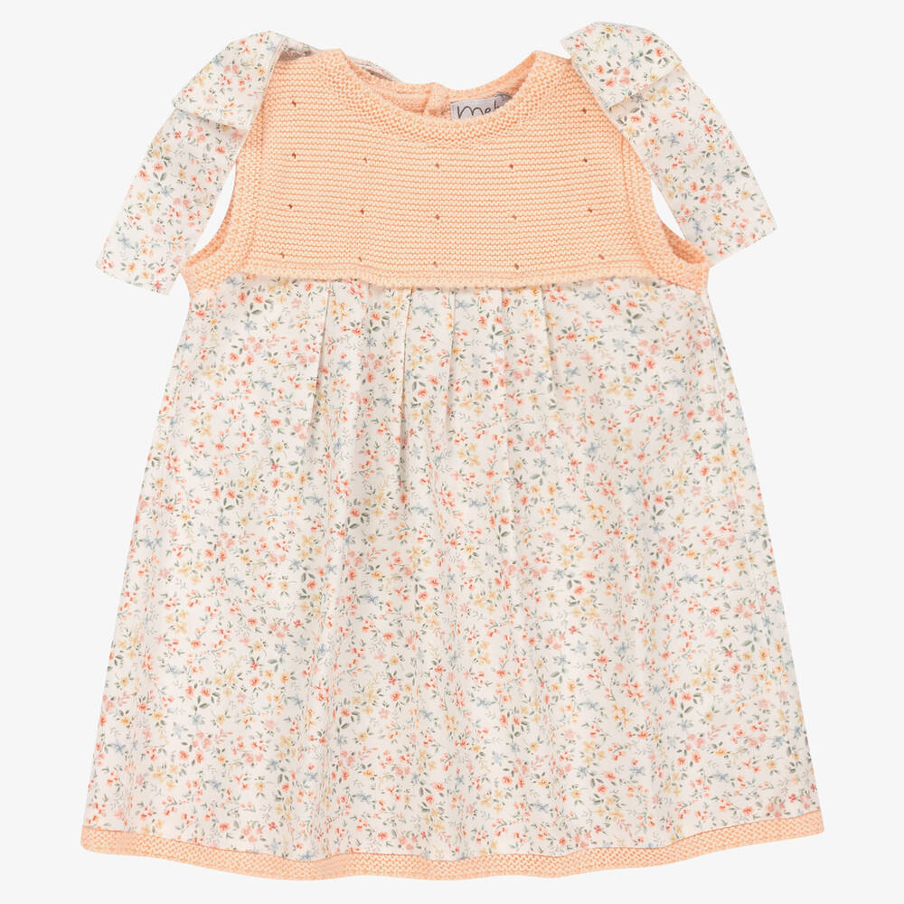 Mebi - Robe blanche et orange fleurs fille | Childrensalon