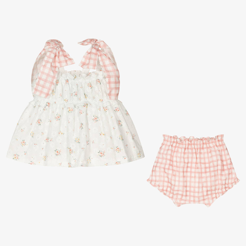 Mebi-Girls White & Pink Cotton Shorts Set | Childrensalon Outlet