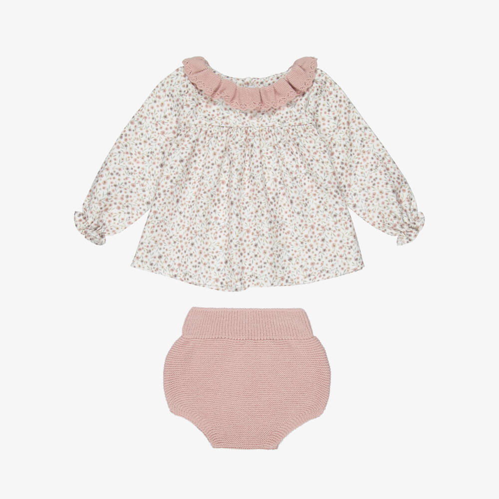 Mebi-Girls White & Pink Floral Dress with Knitted Collar | Childrensalon Outlet