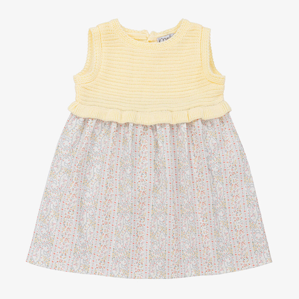 Mebi - Robe jaune en maille à fleurs fille | Childrensalon