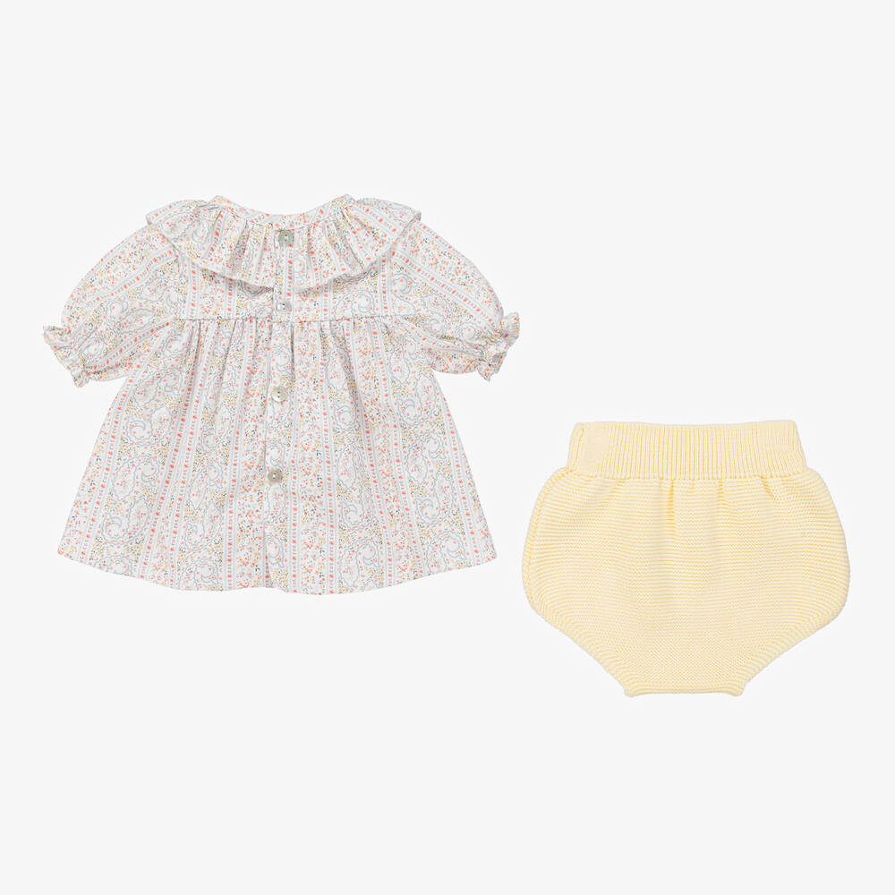 ميبي-طقم شورت قطن لون عاجي وأصفر بطبعة ورود | Childrensalon Outlet