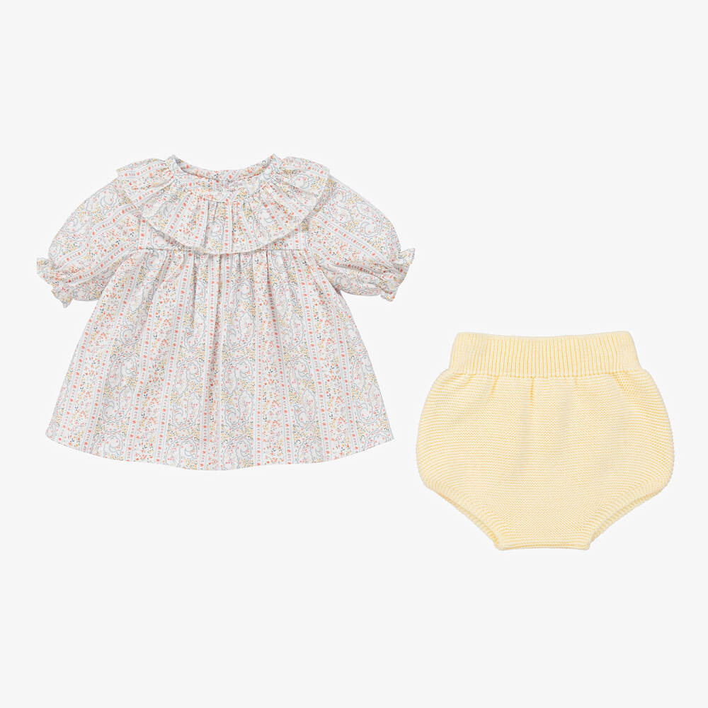 ميبي-طقم شورت قطن لون عاجي وأصفر بطبعة ورود | Childrensalon Outlet