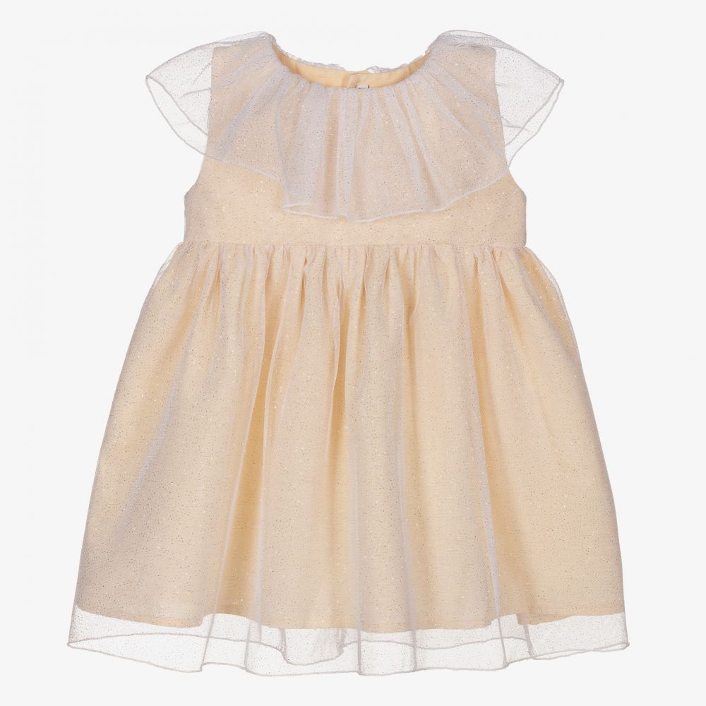 Mebi - Glittery Beige Ruffle Dress  | Childrensalon