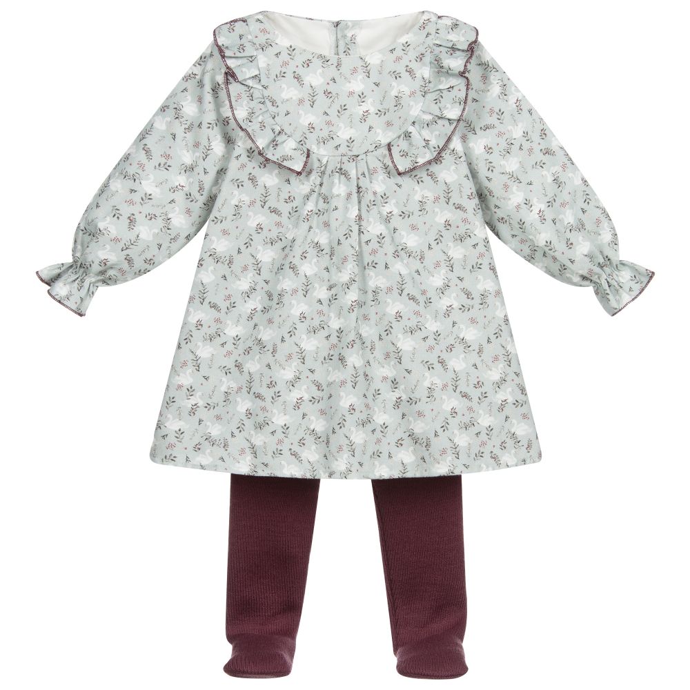 Mebi-فستان قطن تويل وليغنغز أكريليك لون أخضر، أبيض وزهري | Childrensalon Outlet
