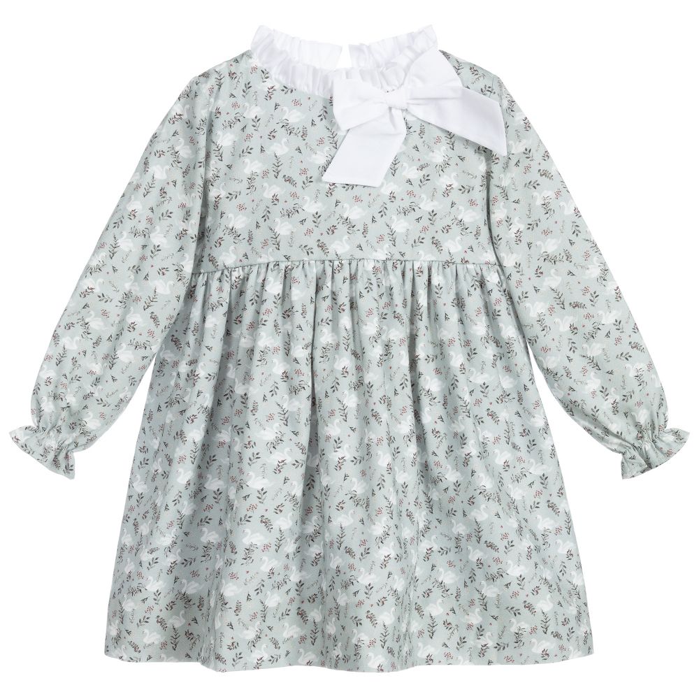 Mebi - Green Cotton Swan Dress  | Childrensalon