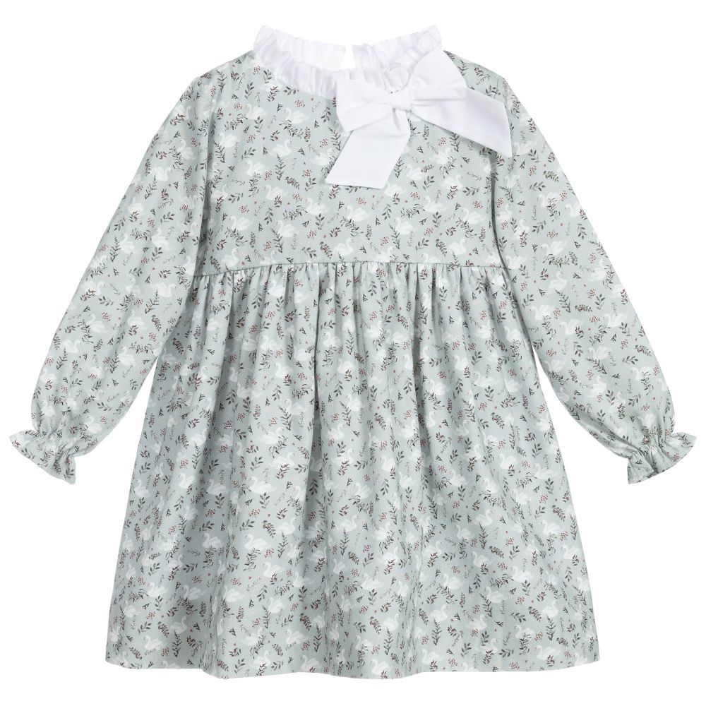 Mebi-Зеленое платье из хлопка с принтом в виде лебедей | Childrensalon Outlet