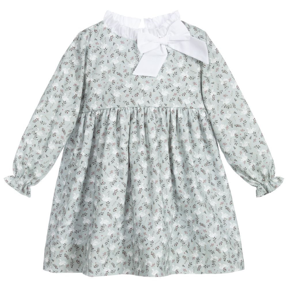 Mebi - Robe verte en coton à cygnes  | Childrensalon