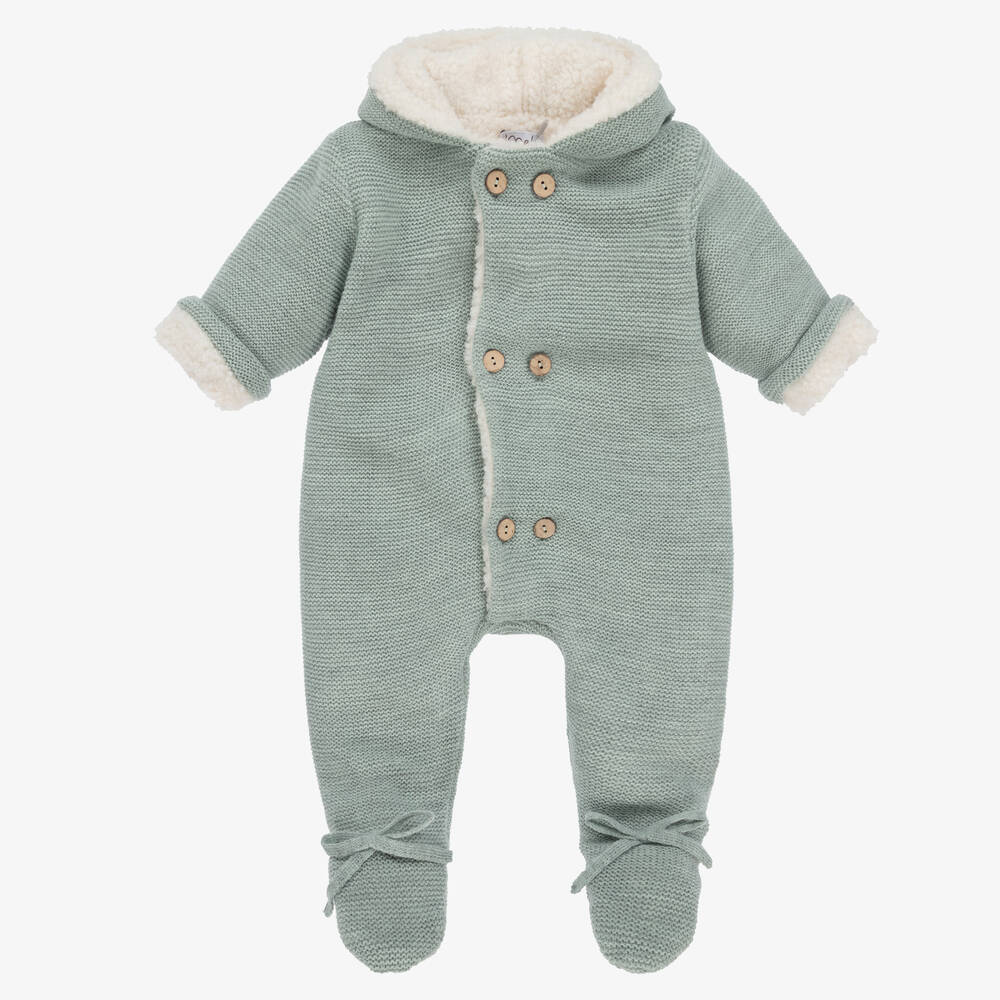 Mebi - Green Knitted Baby Pramsuit | Childrensalon