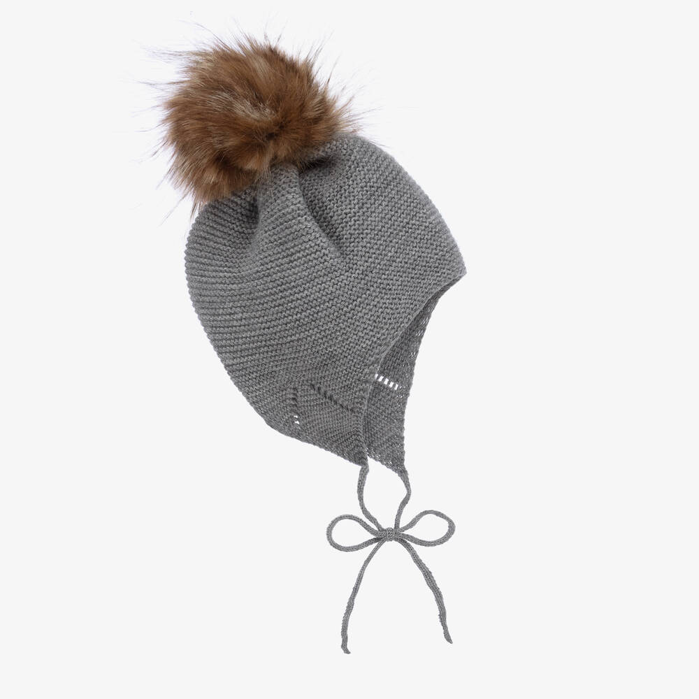 Mebi - Bonnet gris en maille à pompon | Childrensalon