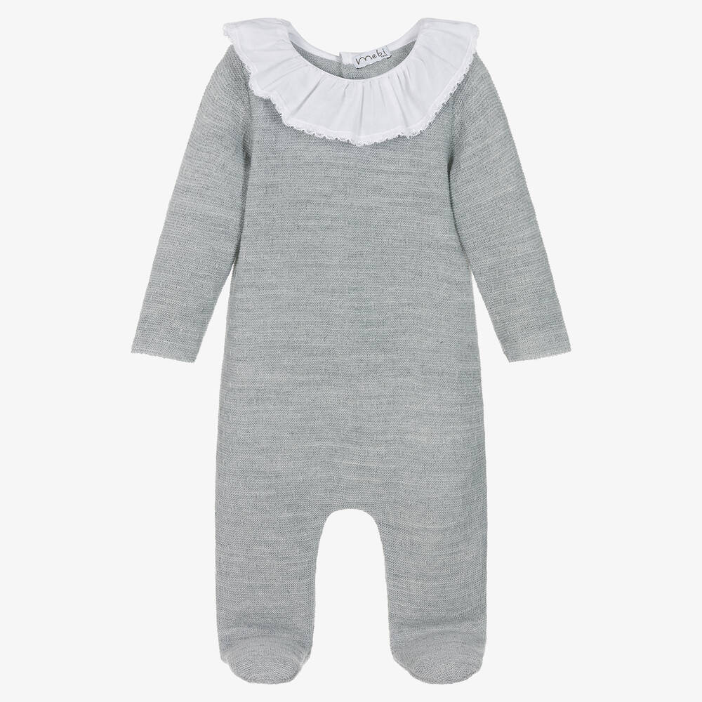 Mebi - Grey Knitted Ruffle Collar Babygrow | Childrensalon