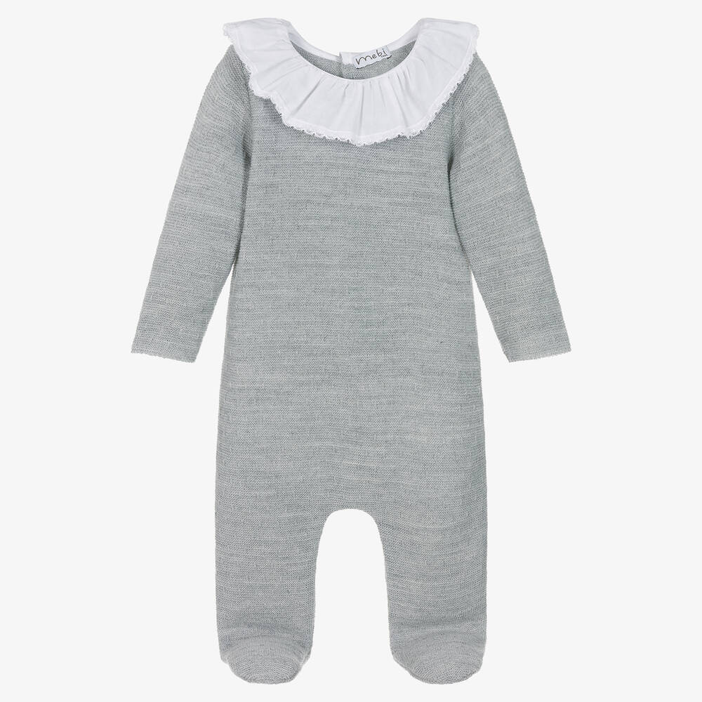 Mebi-Grey Knitted Ruffle Collar Babygrow | Childrensalon Outlet