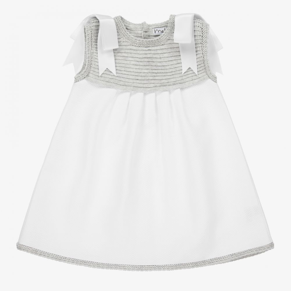 Mebi - Grey & White Cotton Dress | Childrensalon