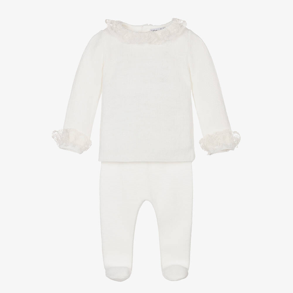 Mebi - Ivory Knitted Cotton 2 Piece Babygrow | Childrensalon
