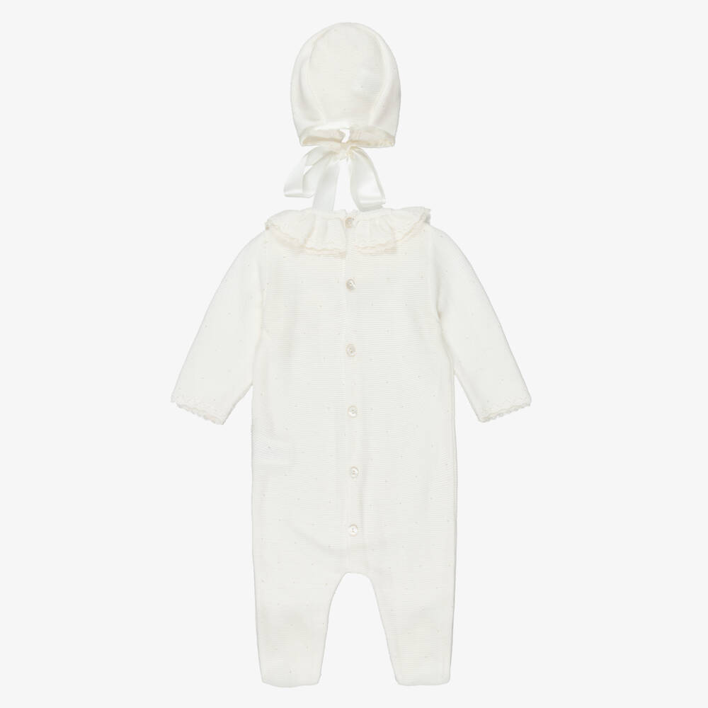 Mebi-Ivory Knitted Cotton Babygrow & Bonnet Set | Childrensalon Outlet
