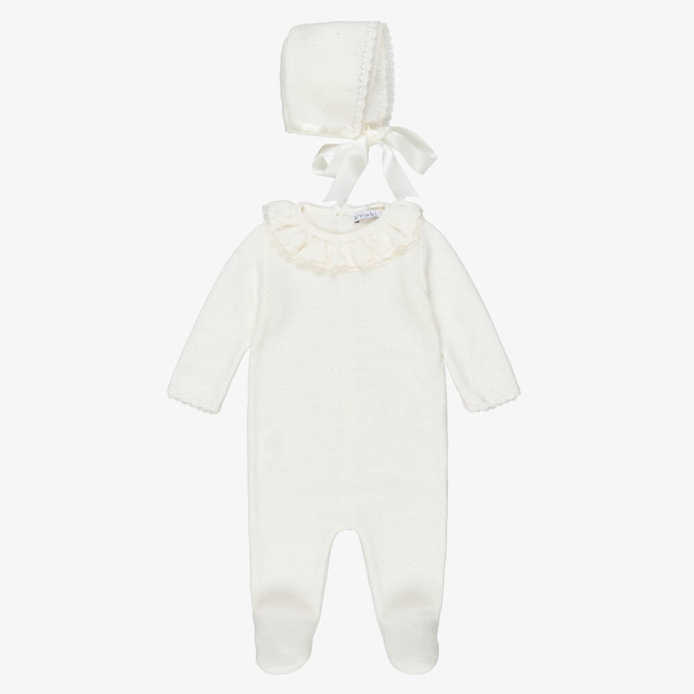 Mebi-Ivory Knitted Cotton Babygrow & Bonnet Set | Childrensalon Outlet