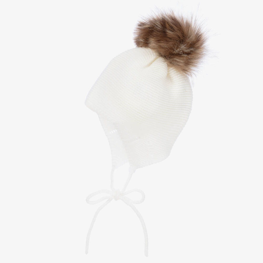 Mebi-Ivory Knitted Hat With Faux Fur Pom-Pom | Childrensalon Outlet